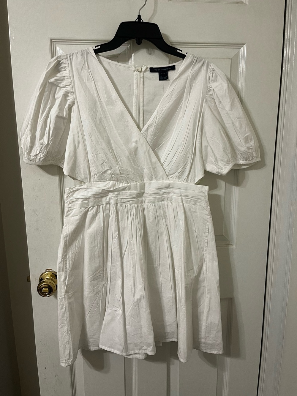 French Connection White V-Neck Puff Sleeve Mini Dress